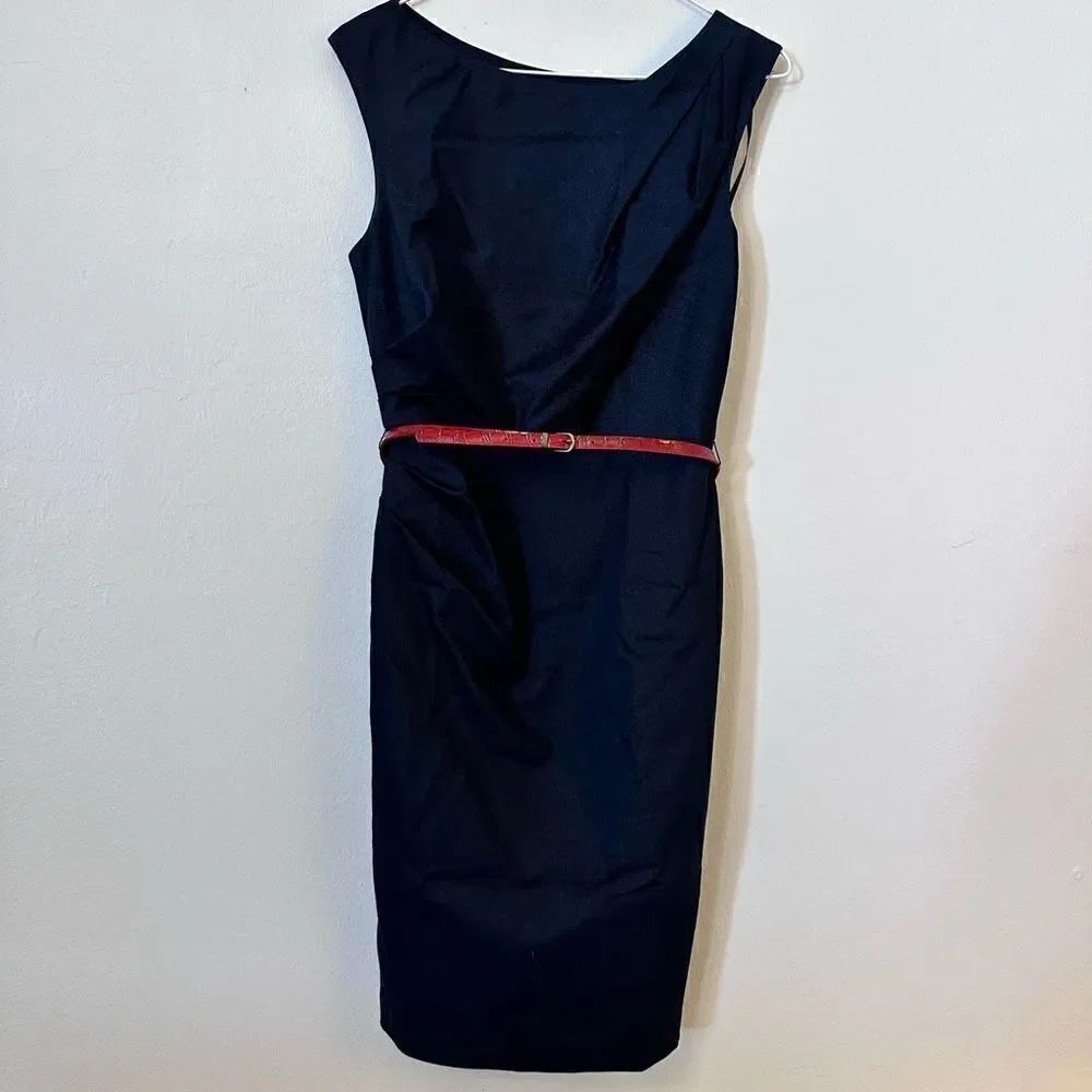 Suzi Chin X Maggy Boutique Women's Sleeveless Career Belted Blue Sheath Dress 2